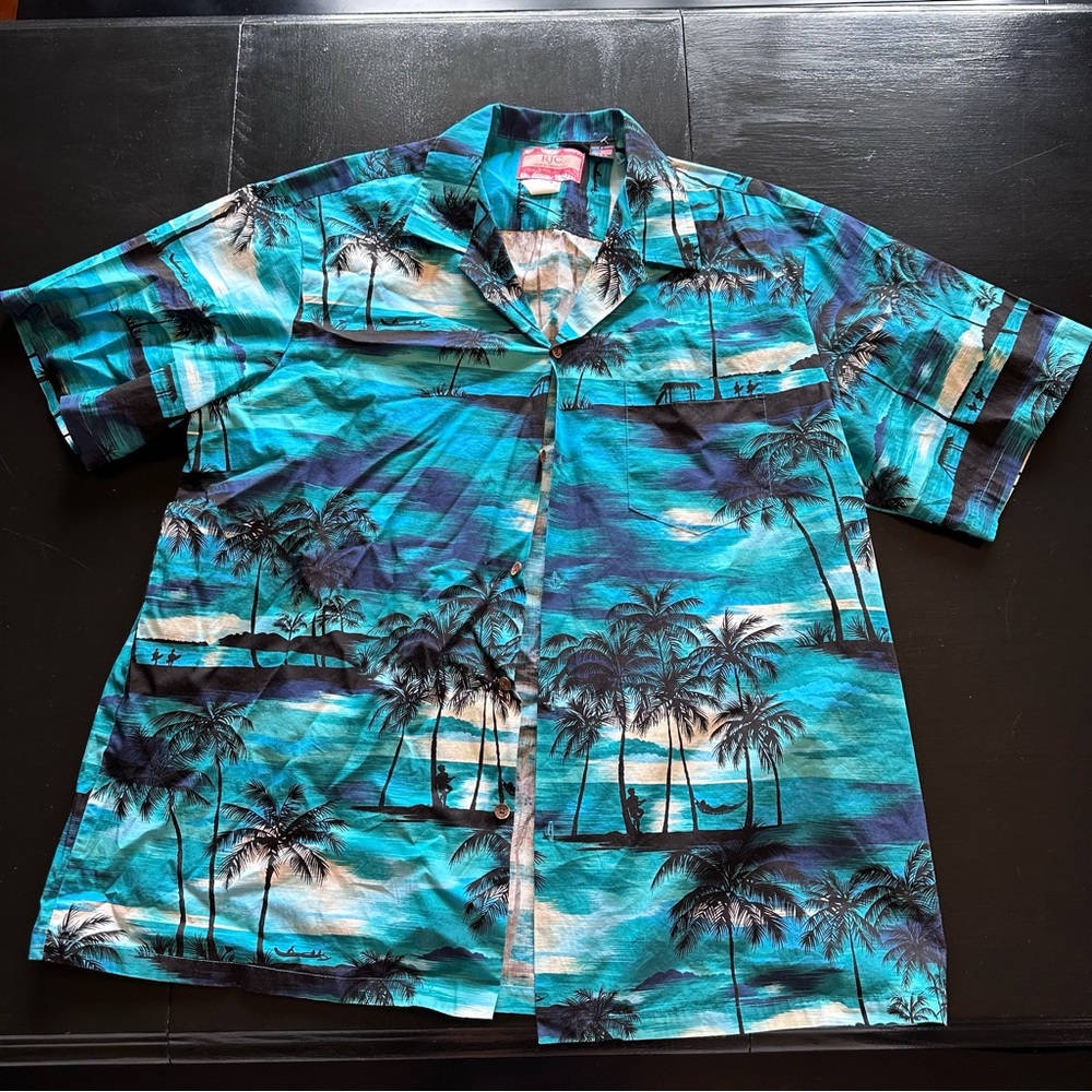 Vintage XXL RJC Hawaiian Tropical Palm Tree Print Shirt Made in USA Blue Bro Shi